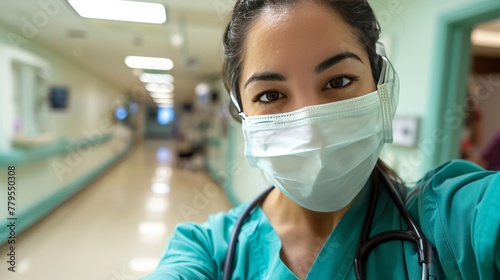 A compassionate nurse in bright, sanitized hospital settings, taking a close-up selfie with a white mask and stethoscope, embodying care and professionalism