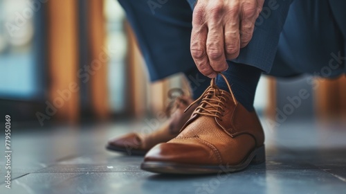 A businessman meticulously tying his shoe laces, hands in focus, representing the precision and readiness for challenges ahead photo