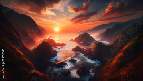 Photo real as Coastal Sunrise Dawn breaks over coastal cliffs painting the sky with morning hues. in nature and landscapes theme ,for advertisement and banner ,Full depth of field, high quality ,inclu