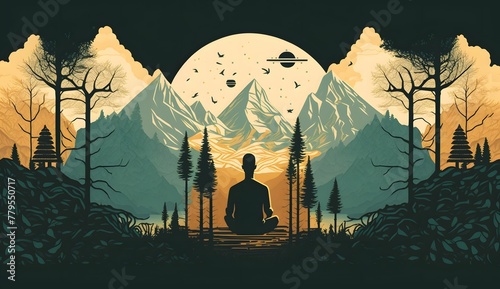 AI generated man sitting in lotus pose against mountains