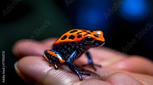 AI generated orange and black frog on human hand