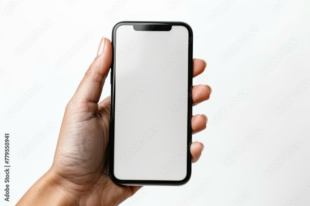 Hand holding a smartphone with a white screen isolated on a white background. Hand holding a smartphone with a white screen isolated on a white background.