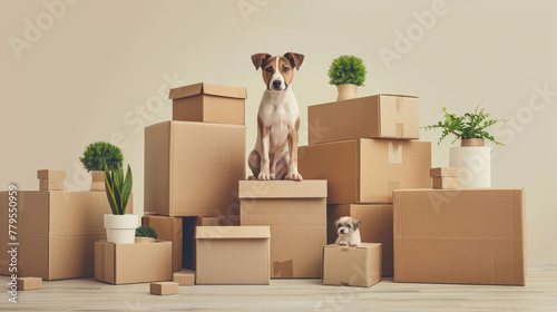 Family pets sitting amid moving boxes in a new home © Robert Kneschke