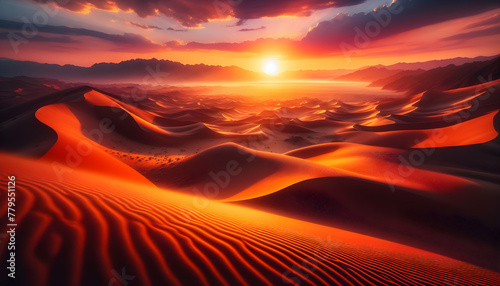 Photo real as Desert Radiance The vibrant hues of a desert landscape at sunset. in nature and landscapes theme  for advertisement and banner  Full depth of field  high quality  include copy space on l