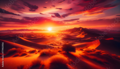 Photo real as Desert Radiance The vibrant hues of a desert landscape at sunset. in nature and landscapes theme ,for advertisement and banner ,Full depth of field, high quality ,include copy space on l