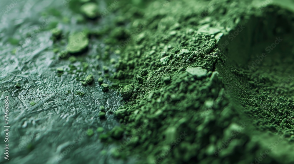 Close-up view of green spirulina powder, ideal for healthy nutrition and supplements