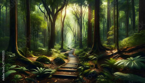 Photo real as Forest Pathway A forest trail winds through the heart of nature playground. in nature and landscapes theme  for advertisement and banner  Full depth of field  high quality  include copy 