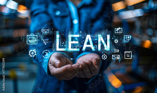 Business professional presenting concept of Lean methodology, focused on maximizing efficiency by identifying and eliminating waste in processes, holographic projection displaying the word LEAN photo