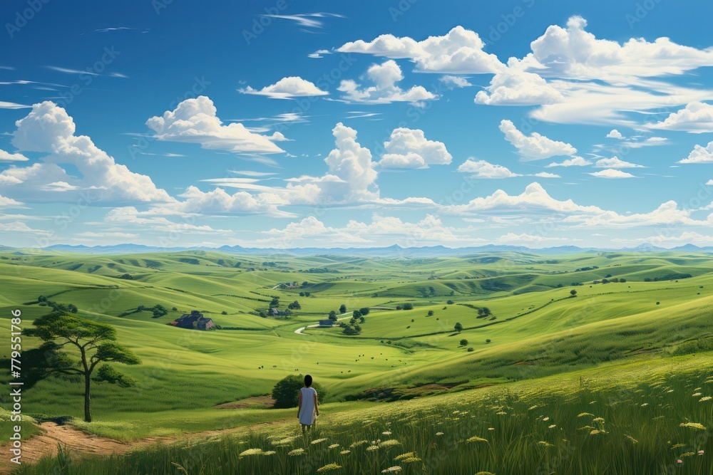 a girl in white dress walking in grassy green hills with some trees