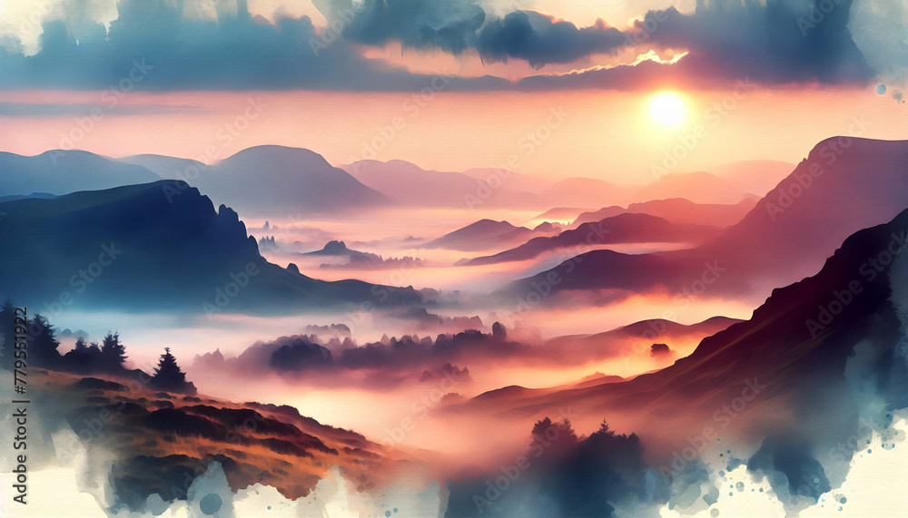Photo real as Highland Hues A watercolor dawn breaking over misty highlands. in nature and landscapes theme ,for advertisement and banner ,Full depth of field, high quality ,include copy space on left Photo real as Highland Hues A watercolor dawn breaking over misty highlands. in nature and landscapes theme ,for advertisement and banner ,Full depth of field, high quality ,include copy space on left