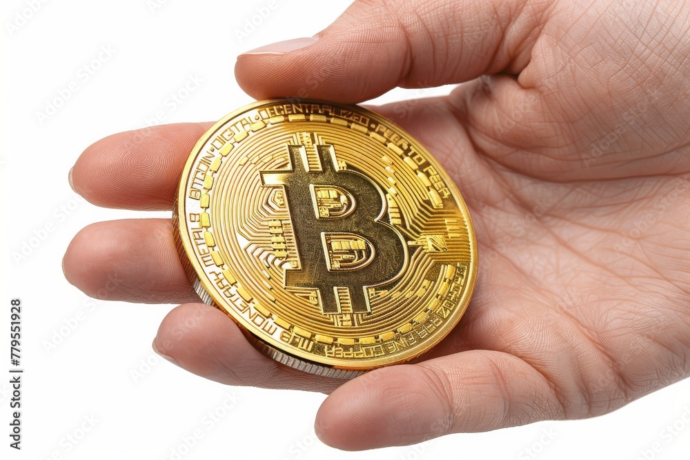 Holding a golden bitcoin isolated on a white background. Holding a golden bitcoin isolated on a white background.