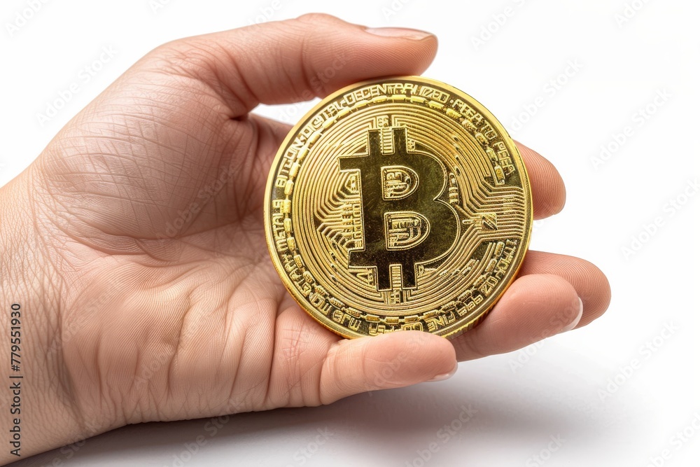 Holding a golden bitcoin isolated on a white background. Holding a golden bitcoin isolated on a white background.