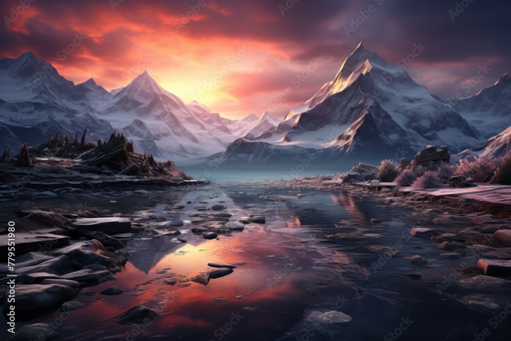 snow covered mountain range next to frozen lake in the sunset