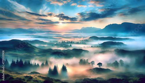 Photo real as Highland Hues A watercolor dawn breaking over misty highlands. in nature and landscapes theme ,for advertisement and banner ,Full depth of field, high quality ,include copy space on left