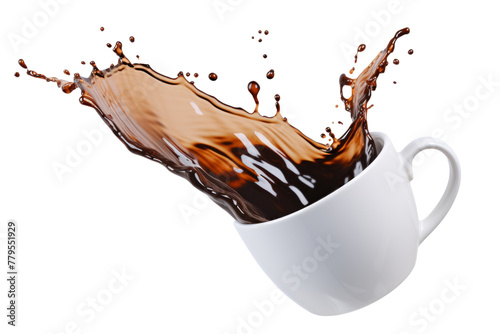 Liquid cofee spilling/splashing out from a white cup/mug isolated on white background.