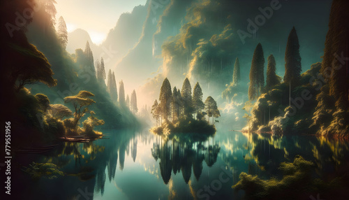 Photo real as Lake Reflections A tranquil lake mirroring the surrounding foliage. in nature and landscapes theme ,for advertisement and banner ,Full depth of field, high quality ,include copy space on