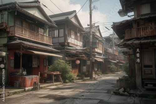 AI-generated illustration of a cobblestone street with historical Asian homes lining both sides.