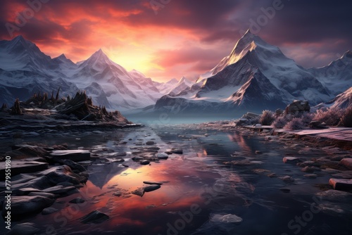 snow covered mountain range next to frozen lake in the sunset