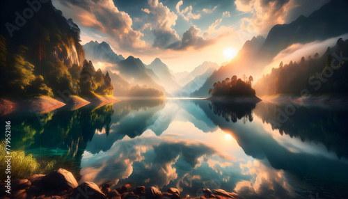 Photo real as Lake Serenity A serene lake reflects the calmness of nature embrace. in nature and landscapes theme ,for advertisement and banner ,Full depth of field, high quality ,include copy space o