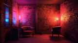 room with brick wall and neon lights background 