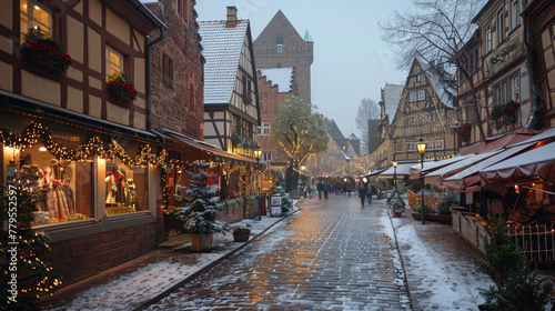 Christmas market in Nuremberg, Germany with festive lights and snow