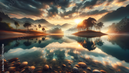 Photo real as Reflective Serenity Riverbank reflections mirror the beauty of a tranquil landscape. in nature and landscapes theme ,for advertisement and banner ,Full depth of field, high quality ,incl photo