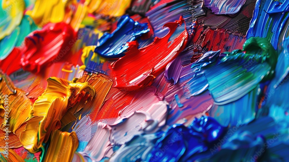 A palette of vibrant acrylic paints blending on a canvas, creating a colorful abstract masterpiece.