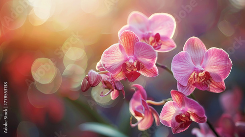 Elegant pink orchid flowers with soft-focus background in radiant light