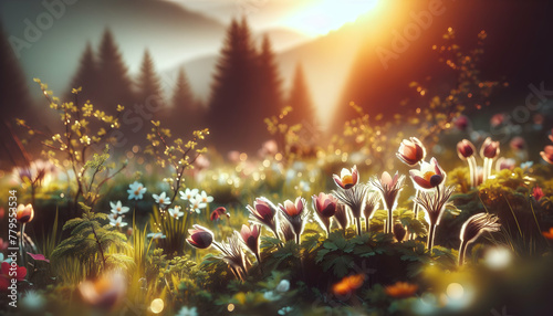 Photo real as Spring Awakening A spring meadow blooms with life inviting a fresh start. in nature and landscapes theme  for advertisement and banner  Full depth of field  high quality  include copy sp