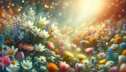 Photo real as Spring Revival A meadow bursting with spring flowers symbolizing new beginnings. in nature and landscapes theme  for advertisement and banner  Full depth of field  high quality  include 