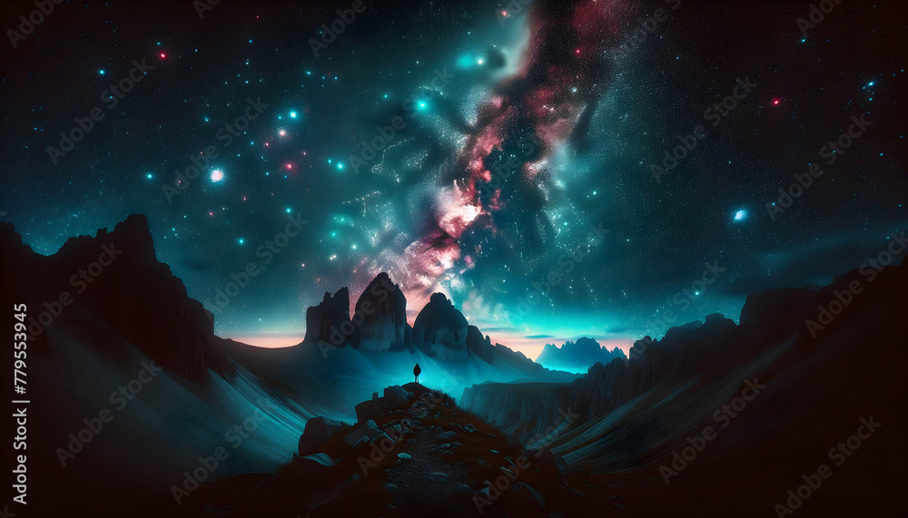 Photo real as Starry Solitude Gaze upon the night sky stars a canvas of cosmic wonder. in nature and landscapes theme ,for advertisement and banner ,Full depth of field, high quality ,include copy spa