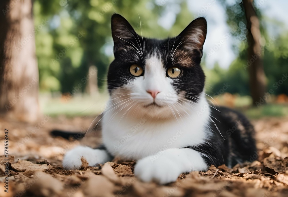 AI generated illustration of a black and white cat resting on ground foliage AI generated illustration of a black and white cat resting on ground foliage