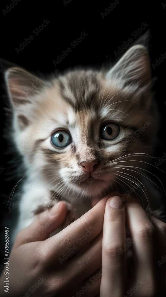 AI generated illustration of a person cradles an adorable kitten in their hands