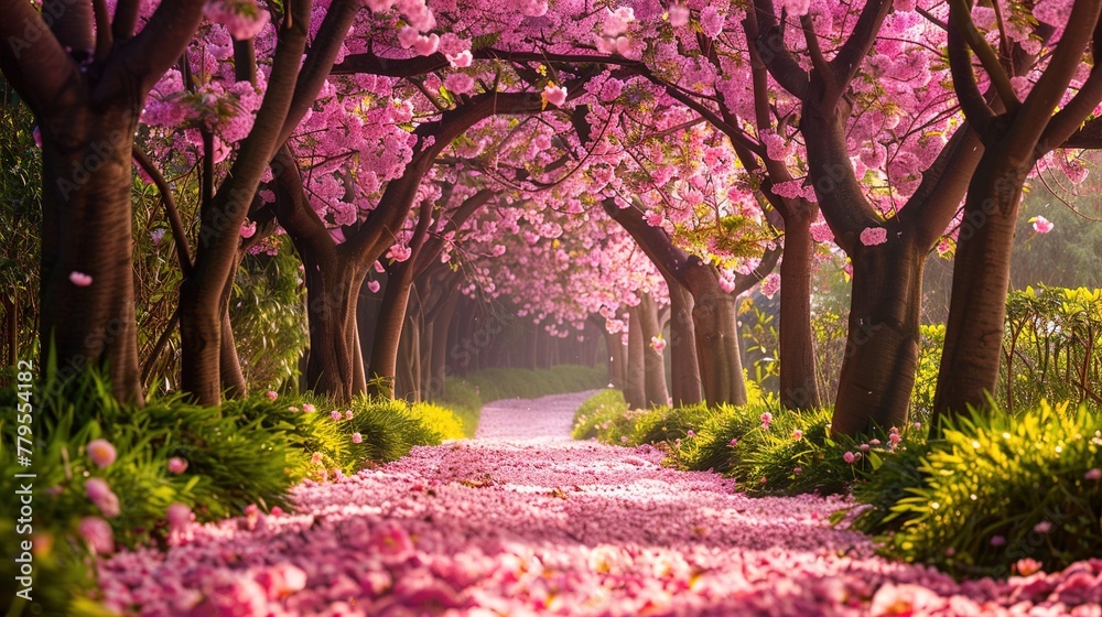 Naklejka premium A peaceful garden path winding through blooming cherry blossom trees under a canopy of pink petals fluttering in the breeze.