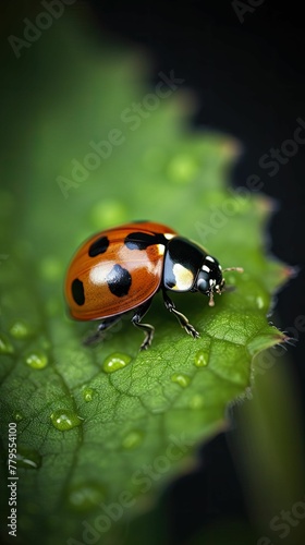 AI generated illustration of a close-up of a ladybug on a green leaf © Wirestock