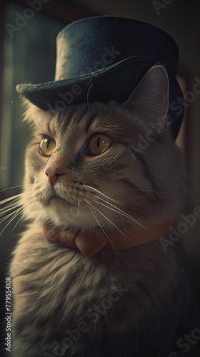 AI generated illustration of an adorable cat in a stylish black top hat © Wirestock