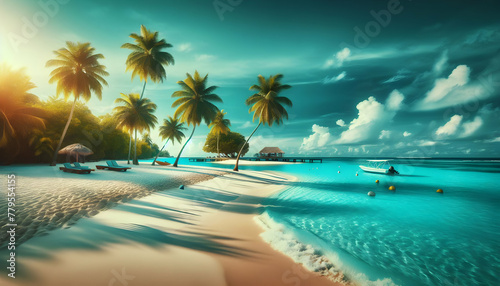 Photo real as Tropical Paradise A serene beach with turquoise waters and white sands. in nature and landscapes theme  for advertisement and banner  Full depth of field  high quality  include copy spac