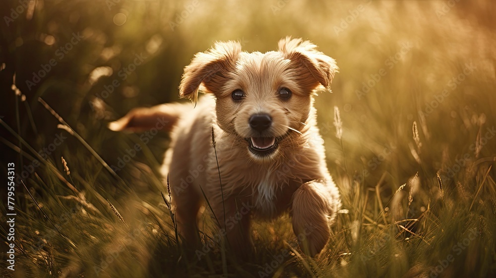 AI generated illustration of a cute, playful puppy walking in a field of grass at golden hour