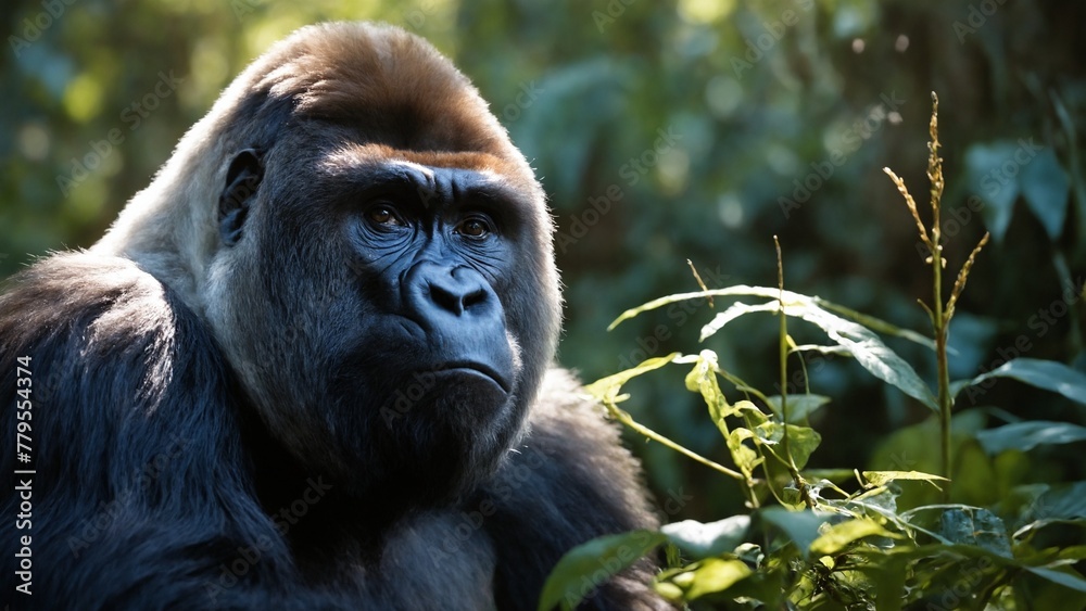 Gorilla standing in bushes gazes at the camera, AI-generated.