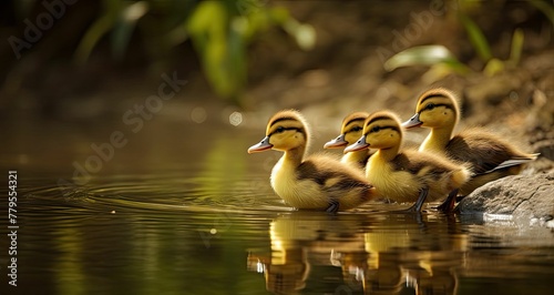 AI generated illustration of ducklings going into lake on a sunny day © Wirestock