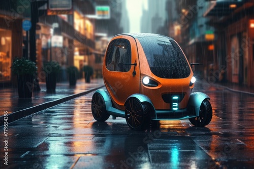 Futuristic car parked on the street under the rain.