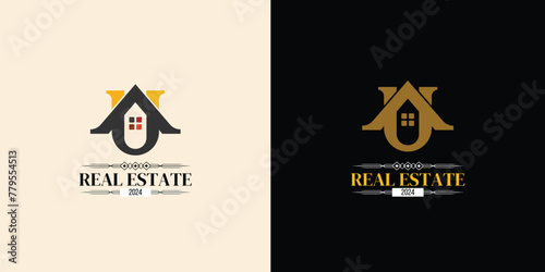 Letter U Real Estate Logo Image on White and Black Background. Flat Vector Logo Design Template Element for Construction Architecture Building Logos.Print