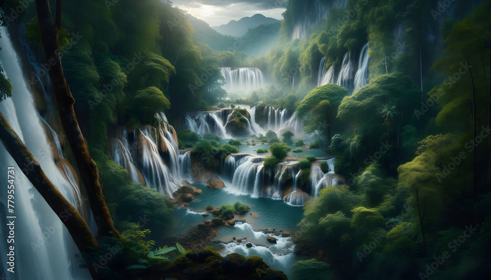 Photo real as Waterfall Wonders A panoramic view of a majestic waterfall in a lush forest. in nature and landscapes theme ,for advertisement and banner ,Full depth of field, high quality ,include copy