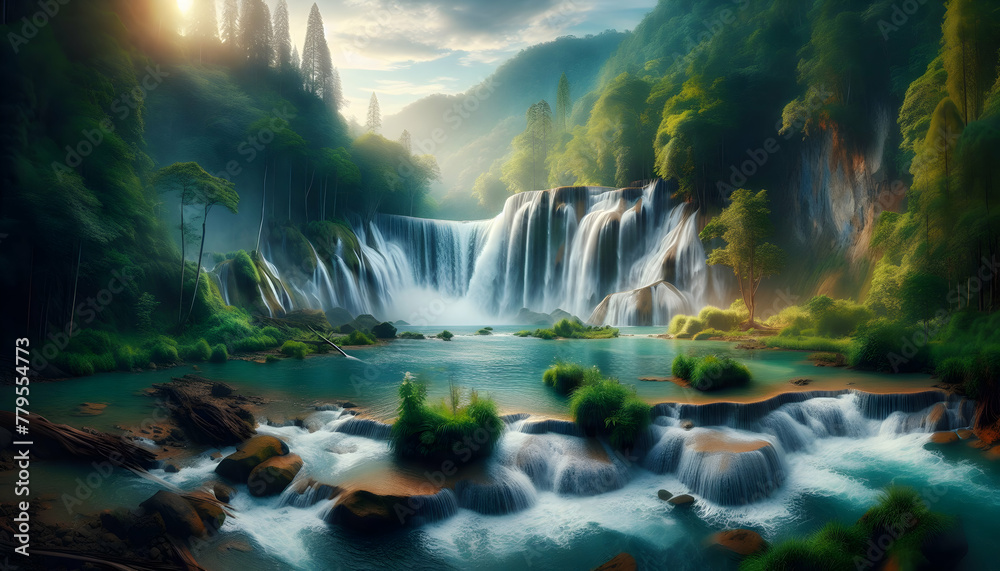 Photo real as Waterfall Wonders A panoramic view of a majestic waterfall in a lush forest. in nature and landscapes theme ,for advertisement and banner ,Full depth of field, high quality ,include copy
