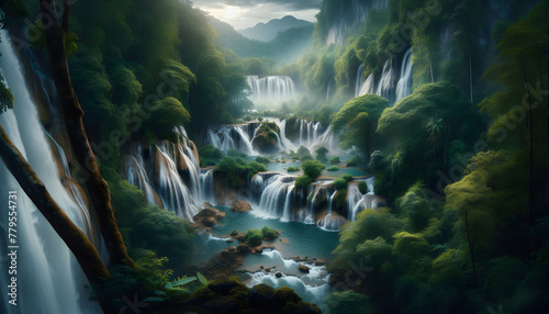 Photo real as Waterfall Wonders A panoramic view of a majestic waterfall in a lush forest. in nature and landscapes theme  for advertisement and banner  Full depth of field  high quality  include copy