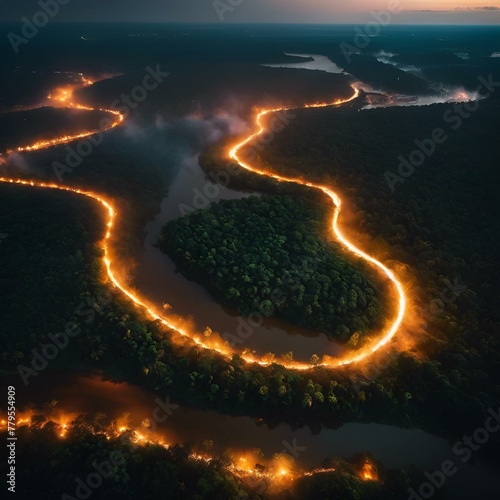 Aerial view of wildfire surrounding the Amazon river and jungle of South America, during night