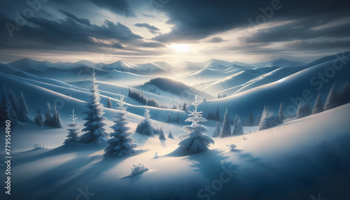 Photo real as Winter Grace Embrace the quiet beauty of snowy hills under a soft winter sky. in nature and landscapes theme ,for advertisement and banner ,Full depth of field, high quality ,include cop photo