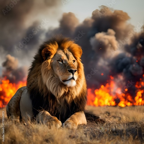 Lion lying in front of flaming wildfire forest in Africa - Panthera leo  AI-generated.