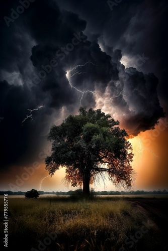 AI generated illustration of an oak tree in a thunderstorm, hit by a bright bolt of lightning