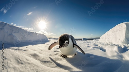 AI generated illustration of a lone penguin standing in the snow, illuminated by the sun's rays